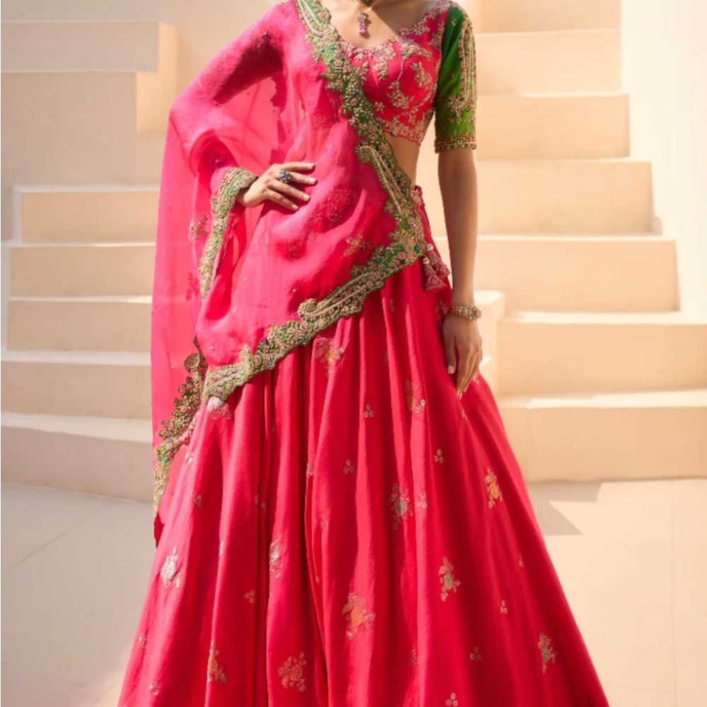 Vibrant Hombre Red to Orange Lehenga 3 pc Dress Set